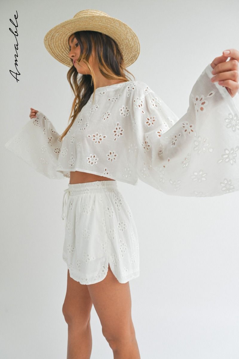 Off White Embroidery Top and Shorts Set