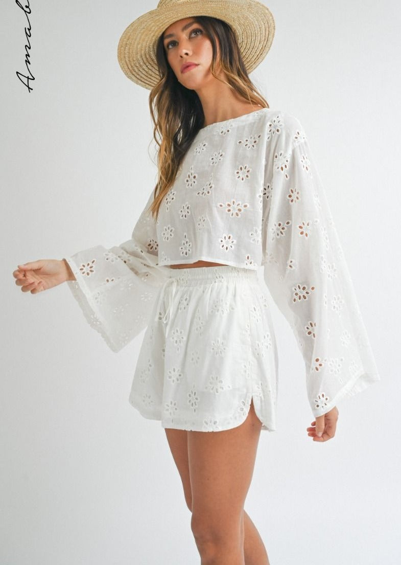 Off White Embroidery Top and Shorts Set