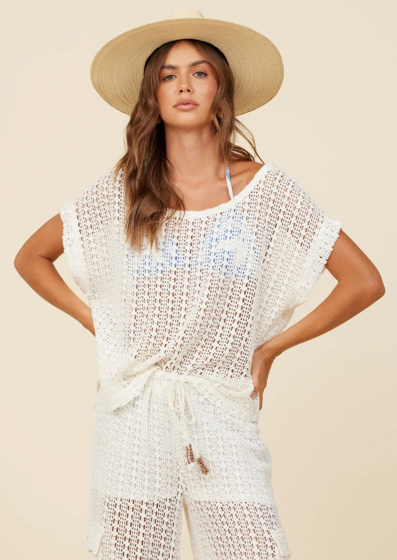White Vertical Crochet Short Sleeve Top