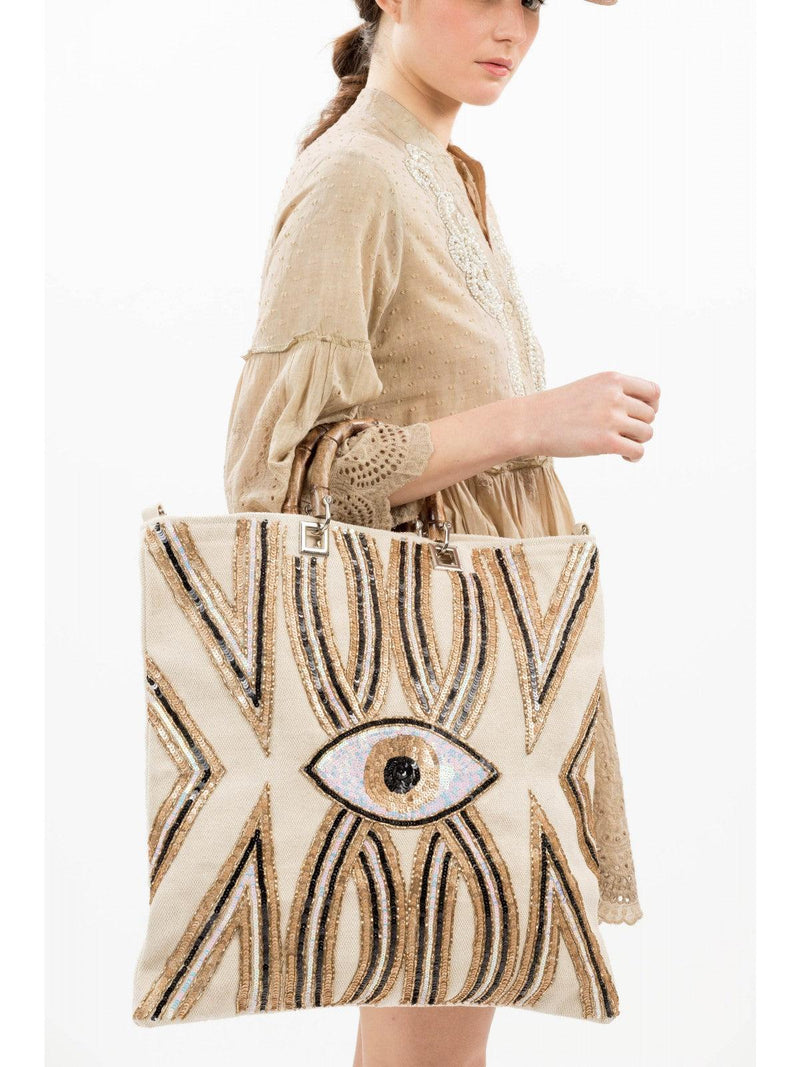ALEX MAX - Embellished Eye Large Denim Tote Bag in Ivory - OutDazl