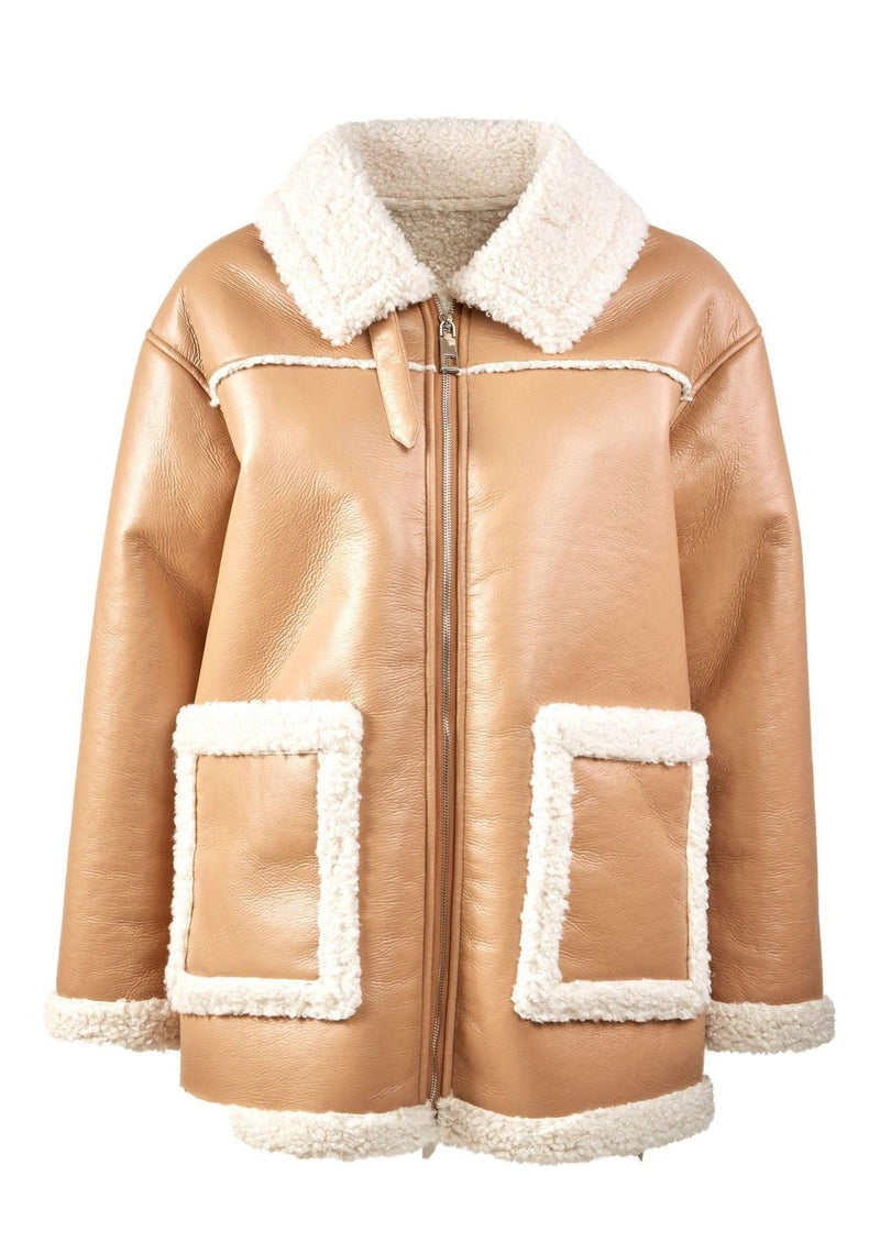 ALEX MAX - Faux Leather Shearling Lined Jacket in Camel - OutDazl