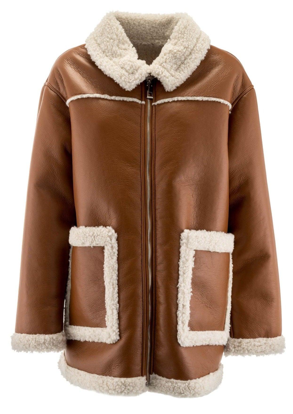 ALEX MAX - Faux Leather Shearling Lined Jacket in Coffee - OutDazl