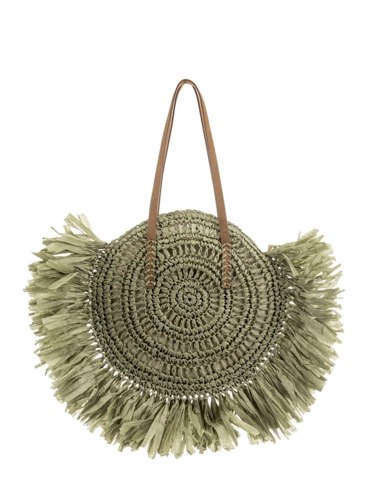 ALEX MAX - Light Paper Weave round tassel bag in army green - OutDazl