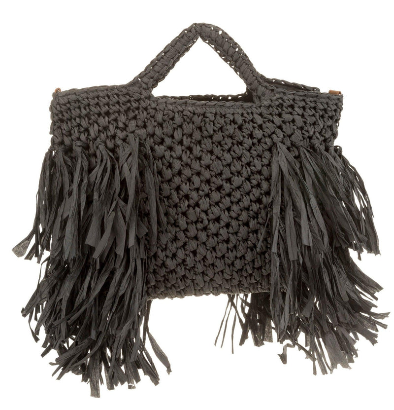 ALEX MAX - Raffia Weave Bag with Fringes in Black - OutDazl