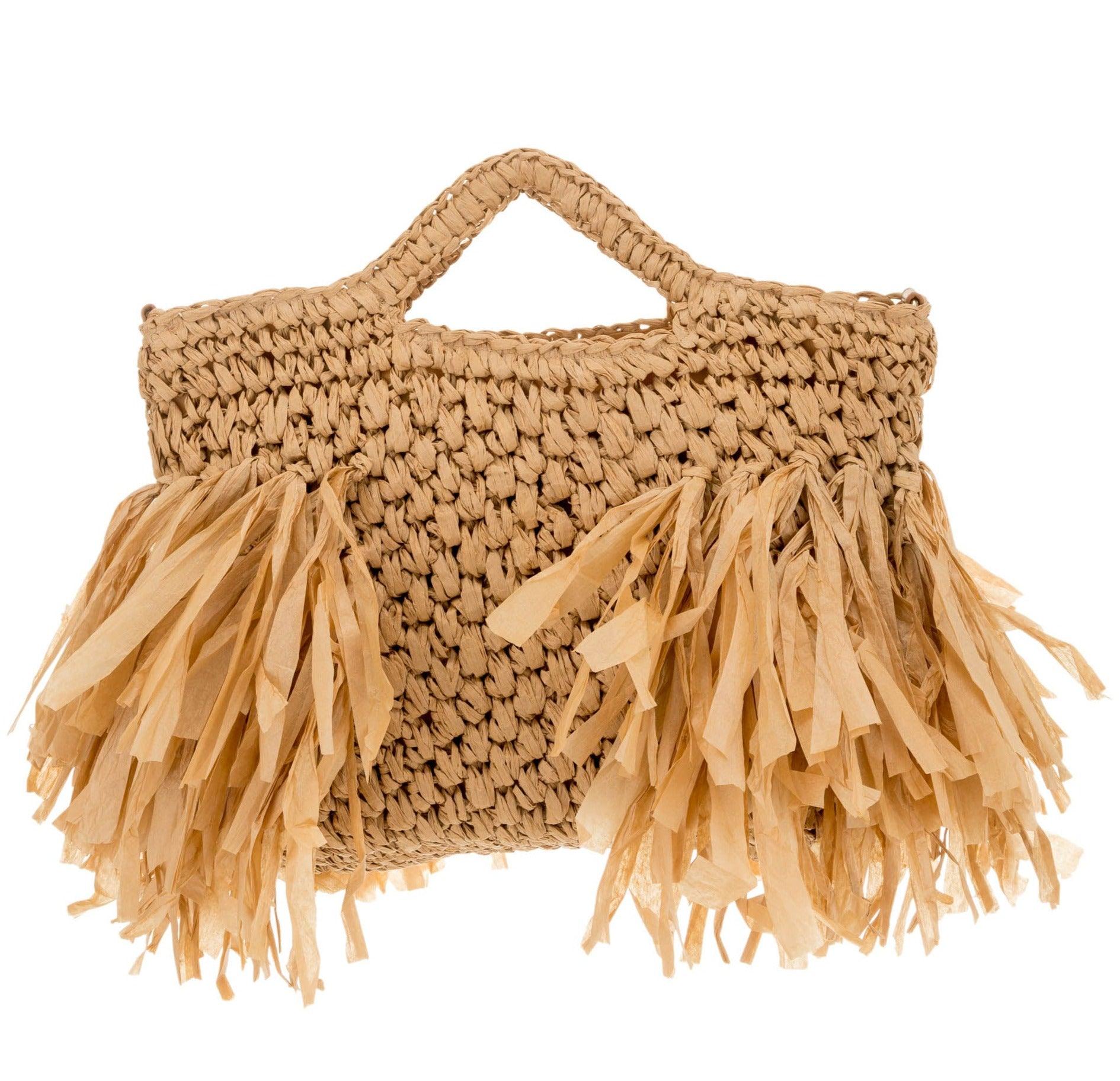 ALEX MAX - Raffia Weave Bag with Fringes in Camel - OutDazl