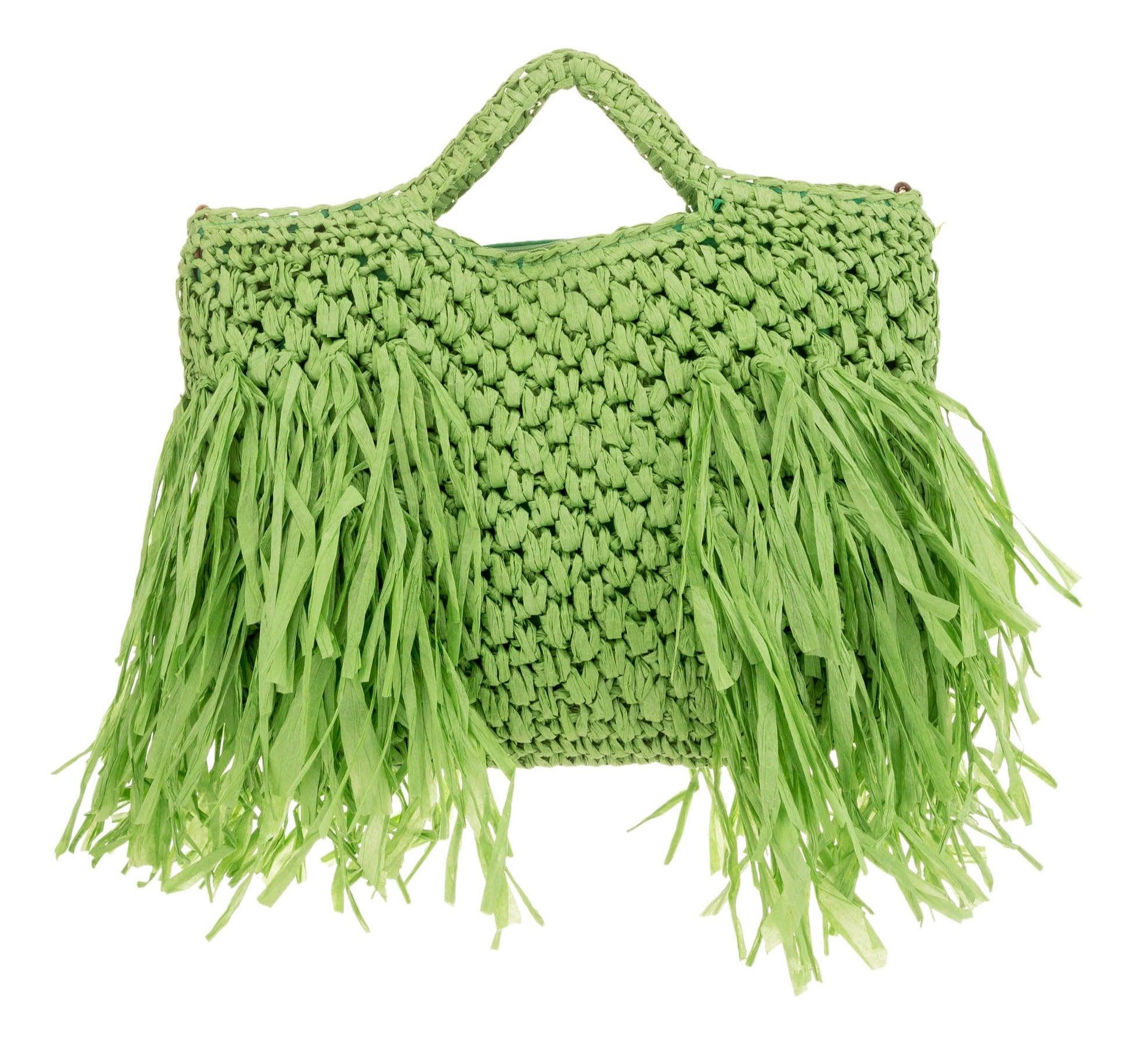 ALEX MAX - Raffia Weave Bag with Fringes in Green - OutDazl