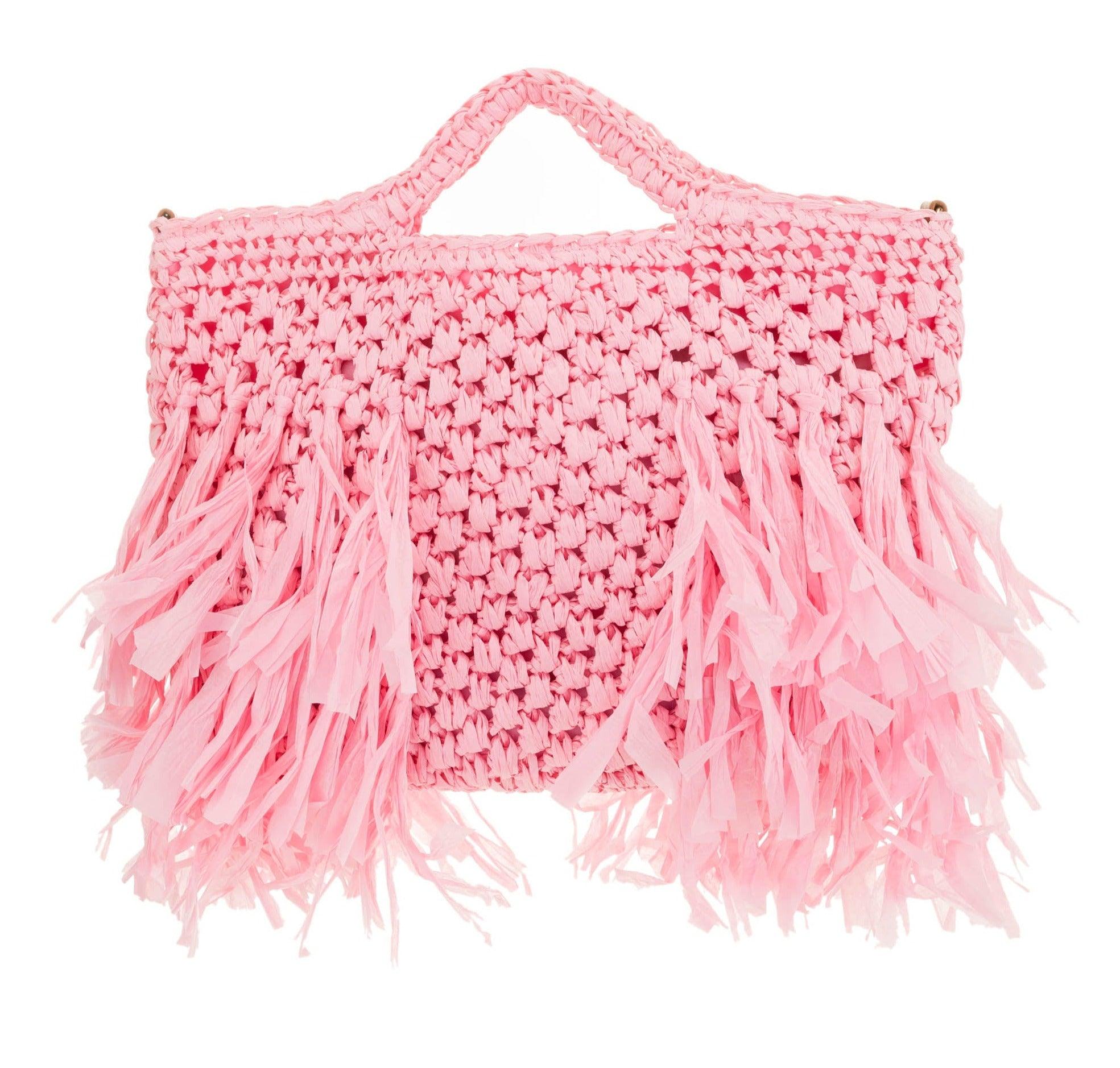 ALEX MAX - Raffia Weave Bag with Fringes in Pink - OutDazl