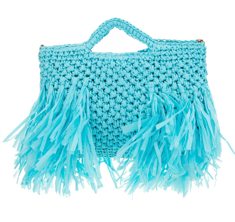 ALEX MAX - Raffia Weave Bag with Fringes in Turquoise - OutDazl