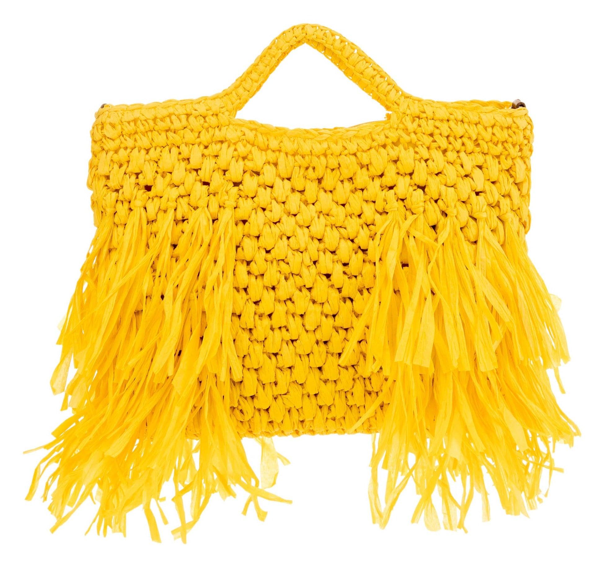 ALEX MAX - Raffia Weave Bag with Fringes in Yellow - OutDazl
