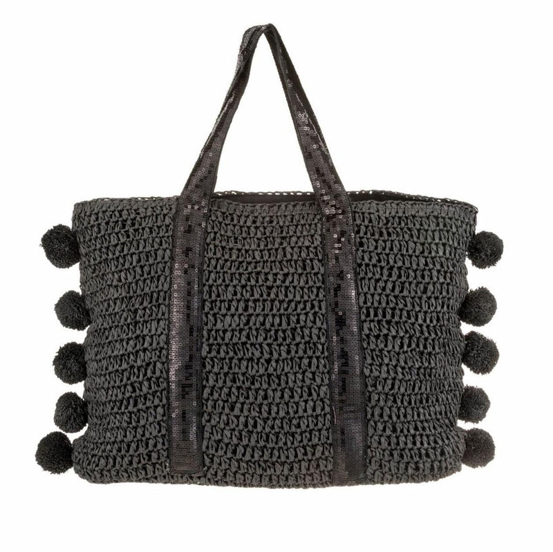 ALEX MAX - Raffia Weave Bag with Pompoms in Black - OutDazl