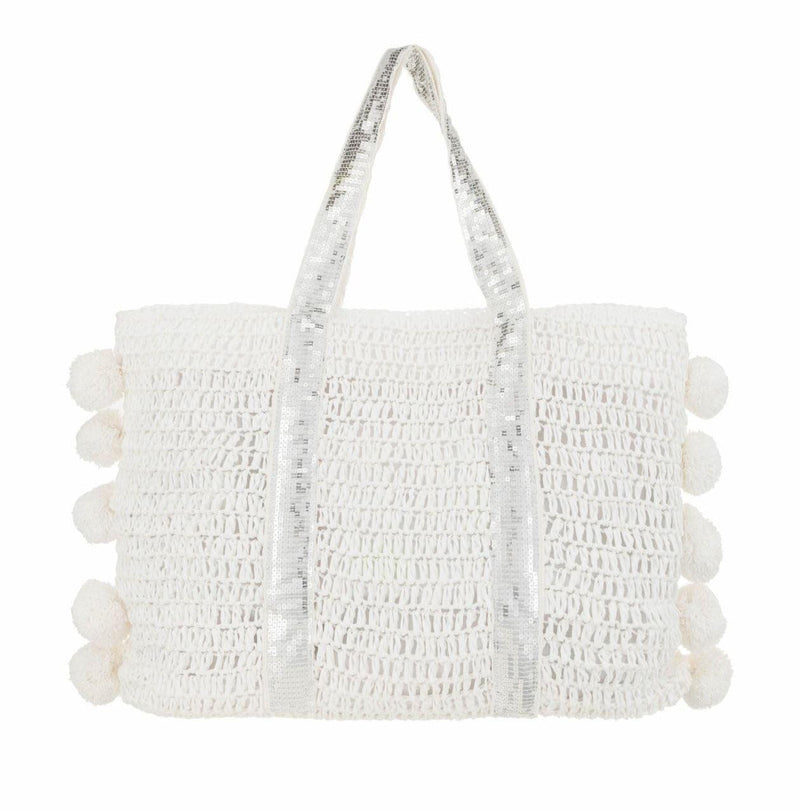 ALEX MAX - Raffia Weave Bag with Pompoms in White - OutDazl