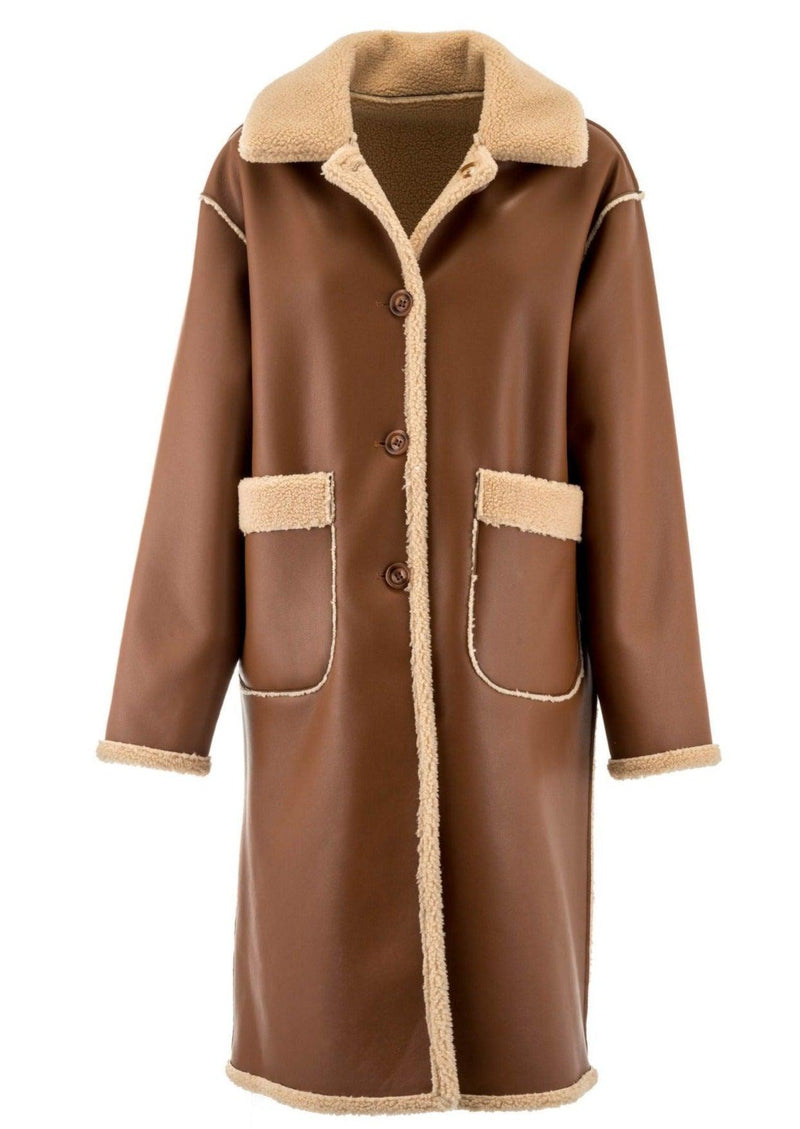 ALEX MAX - Reversible Faux Leather Teddy Lined Coat in Brown - OutDazl