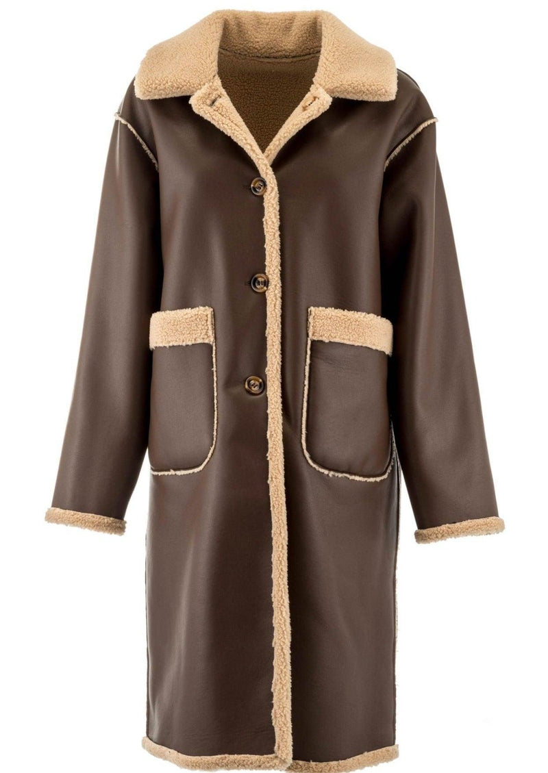 ALEX MAX - Reversible Faux Leather Teddy Lined Coat in Coffee - OutDazl