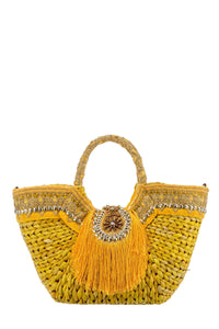 ALEX MAX - Yellow Straw bag adorned with Embellished & Tassels - OutDazl