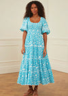 Block Print Maxi Dress Angelina in Aqua Begonia