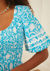 Block Print Maxi Dress Angelina in Aqua Begonia