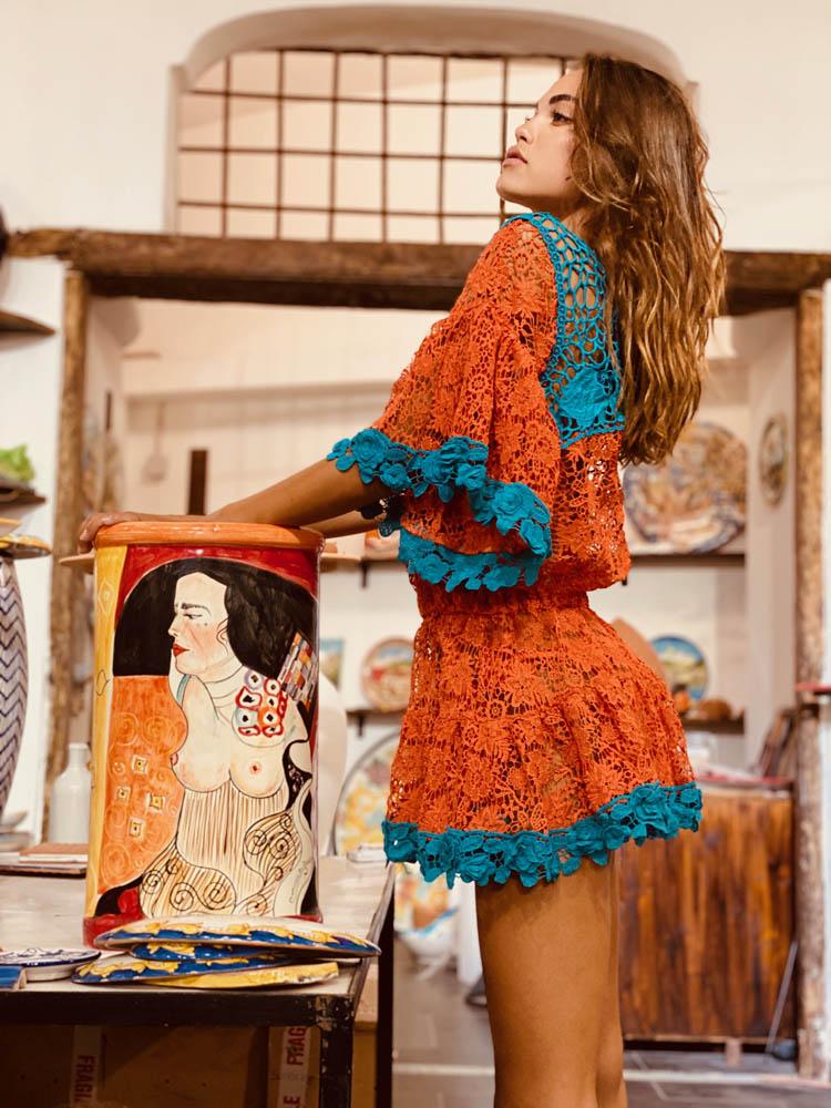 Antica Sartoria - Antica Lace Kaftan Dress Amalia in Arancio - OutDazl