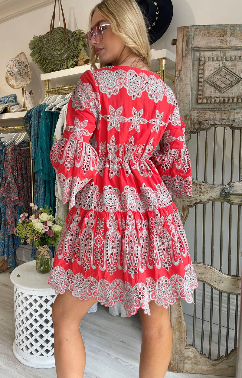 Antica Sartoria - Embroidered Mini Dress Palermo in Coral - OutDazl