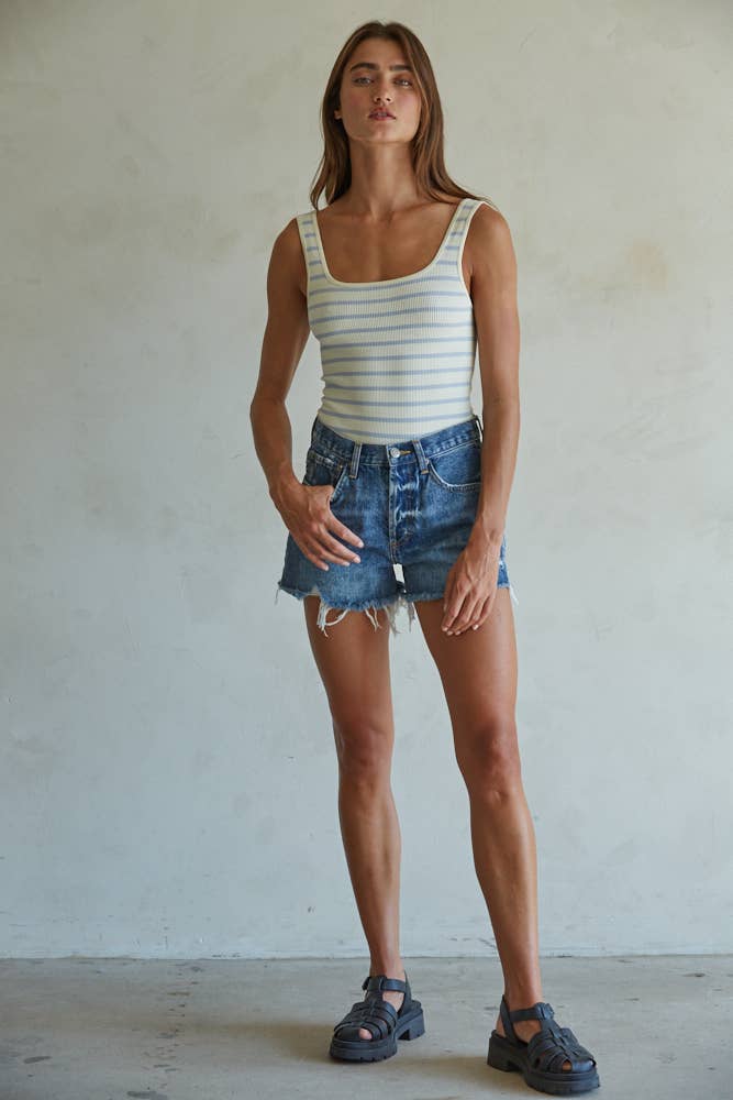 Cotton Denim Distressed Detail Shorts