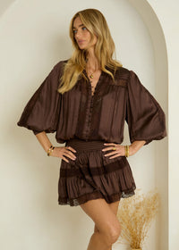 Lace Trimmed Mini Dress Moncur in Chocolate-Bahabini-OutDazl