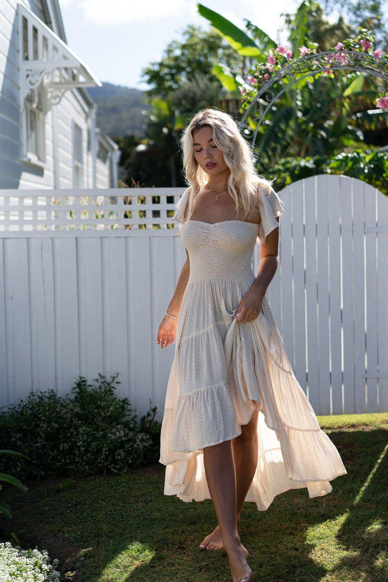 Barefoot Blonde - Eva Bandeau High Low dress in Cream Polka Dot - OutDazl