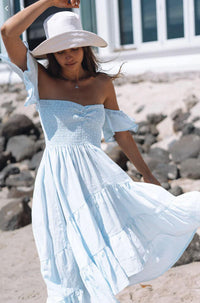 Barefoot Blonde - Linen Eva Bandeau High Low dress in Blue - OutDazl