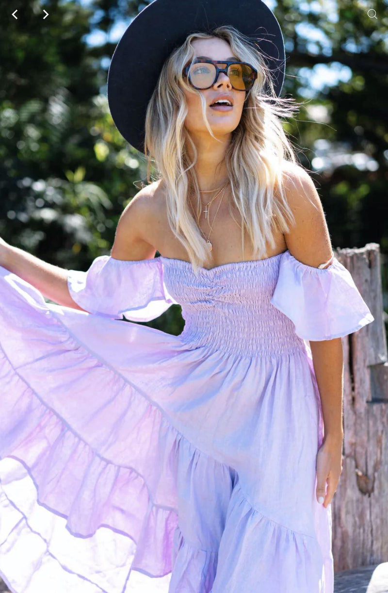 Barefoot Blonde - Linen Eva Bandeau High Low dress in Lilac - OutDazl