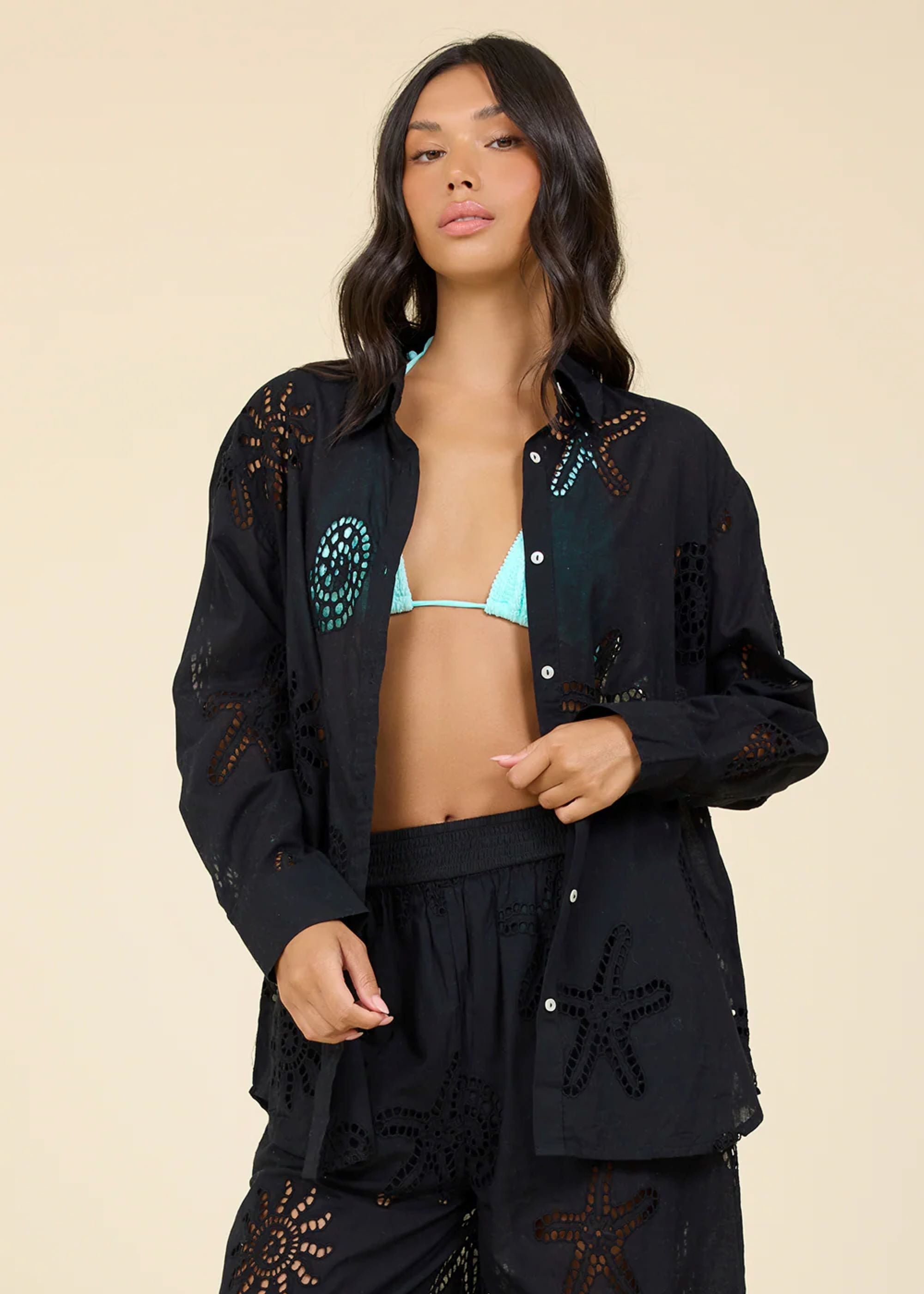 Ocean Eyelet Button Down in Black-Surf Gypsy-OutDazl