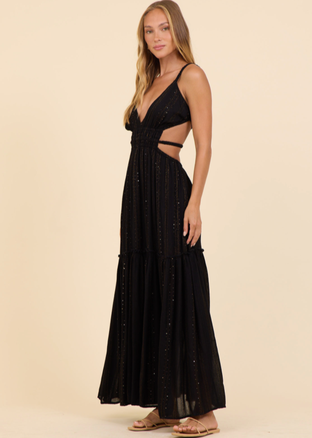 Surf Gypsy | Black Lurex Stripe Maxi Dress OutDazl Surf Gypsy | Black Lurex Stripe Maxi Dress OutDazl