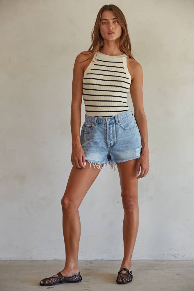 Cotton Denim Distressed Detail Shorts