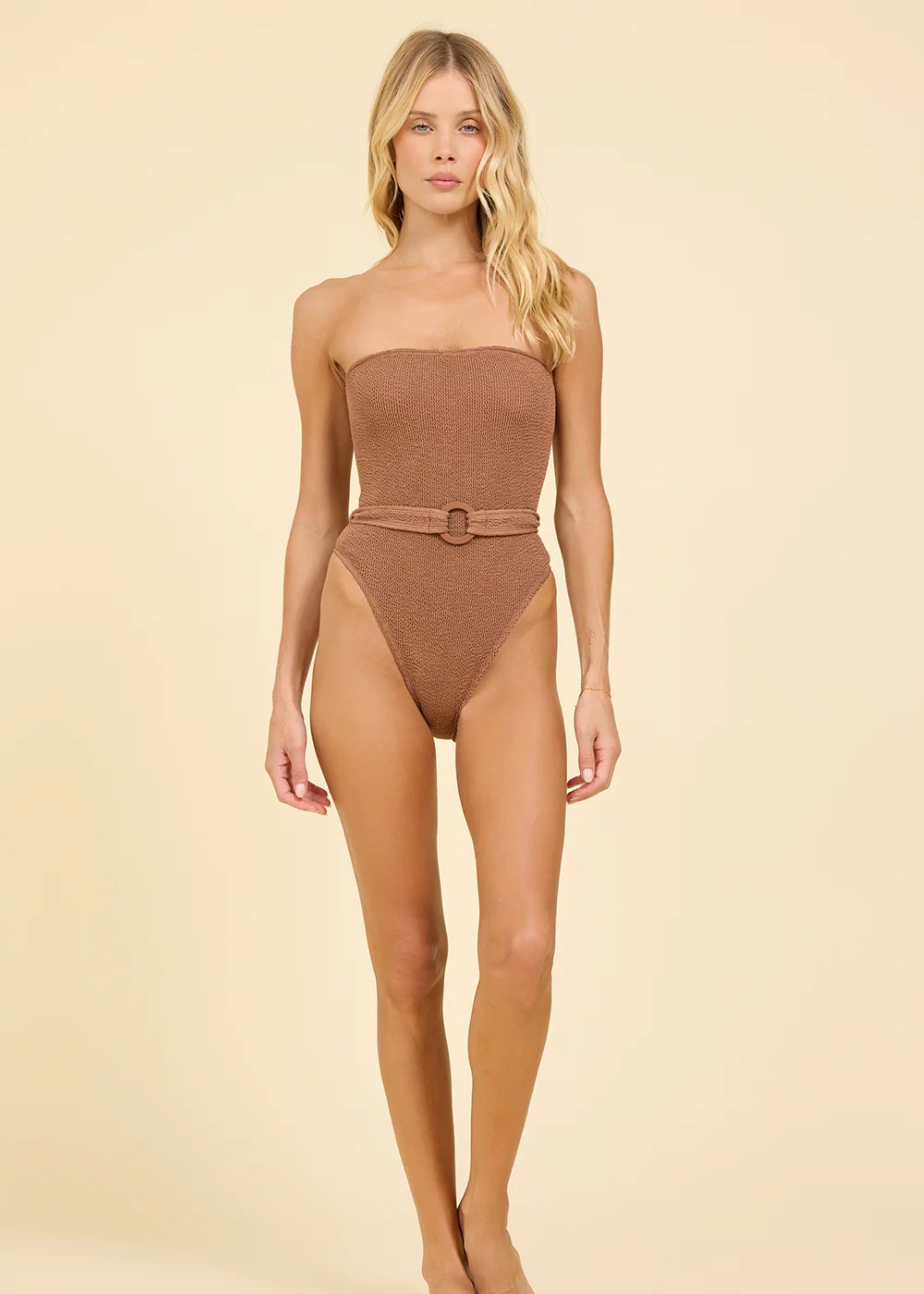 Crincle One Piece With Belt in Camel