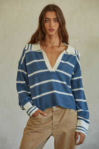 Knit V Neck Striped Sweater