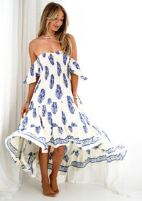 Daisy Bandeau High Low Dress in Blue Print