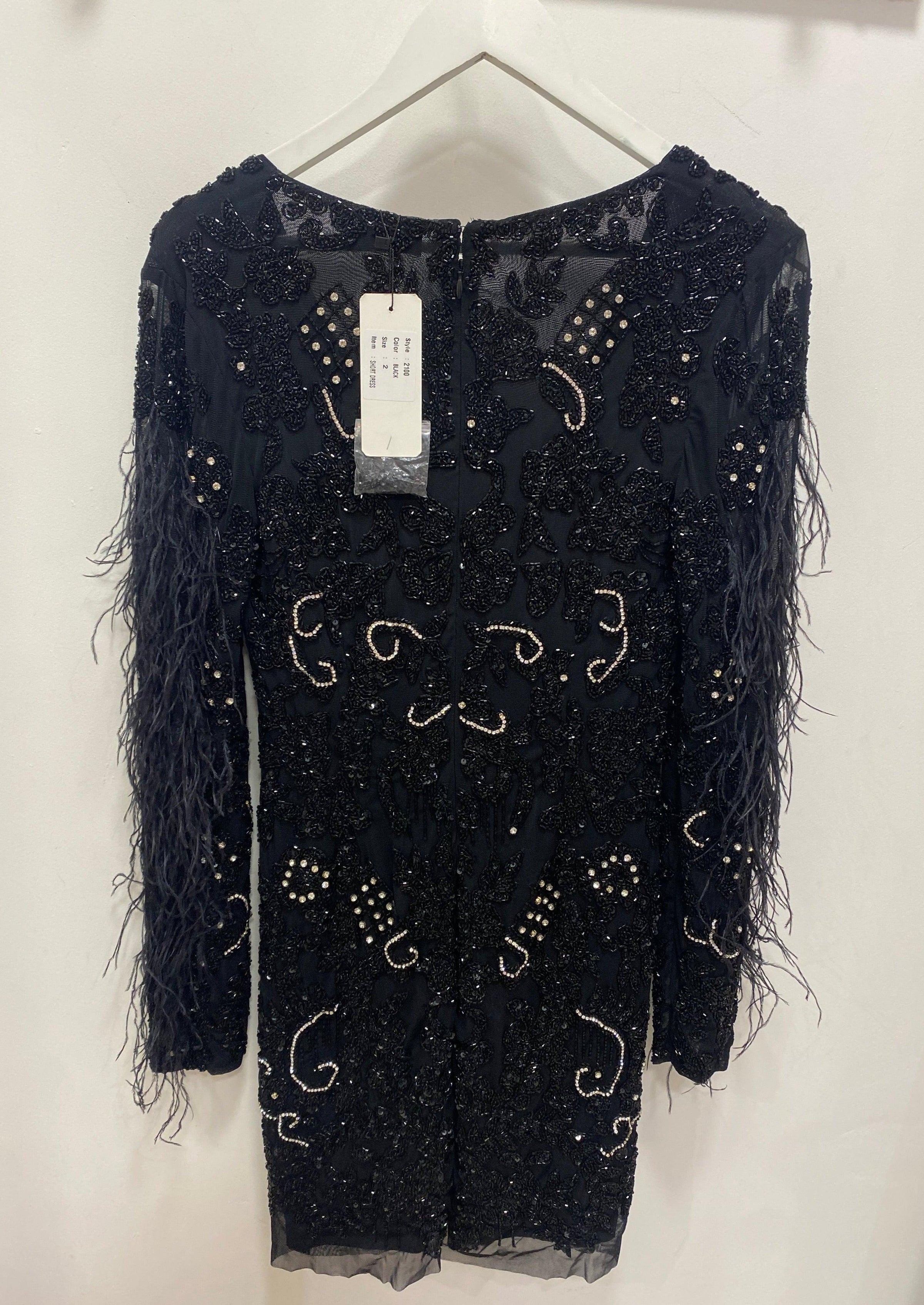 Diamond For Eden - Black Feathered Long Sleeve Sequin Dress - OutDazl