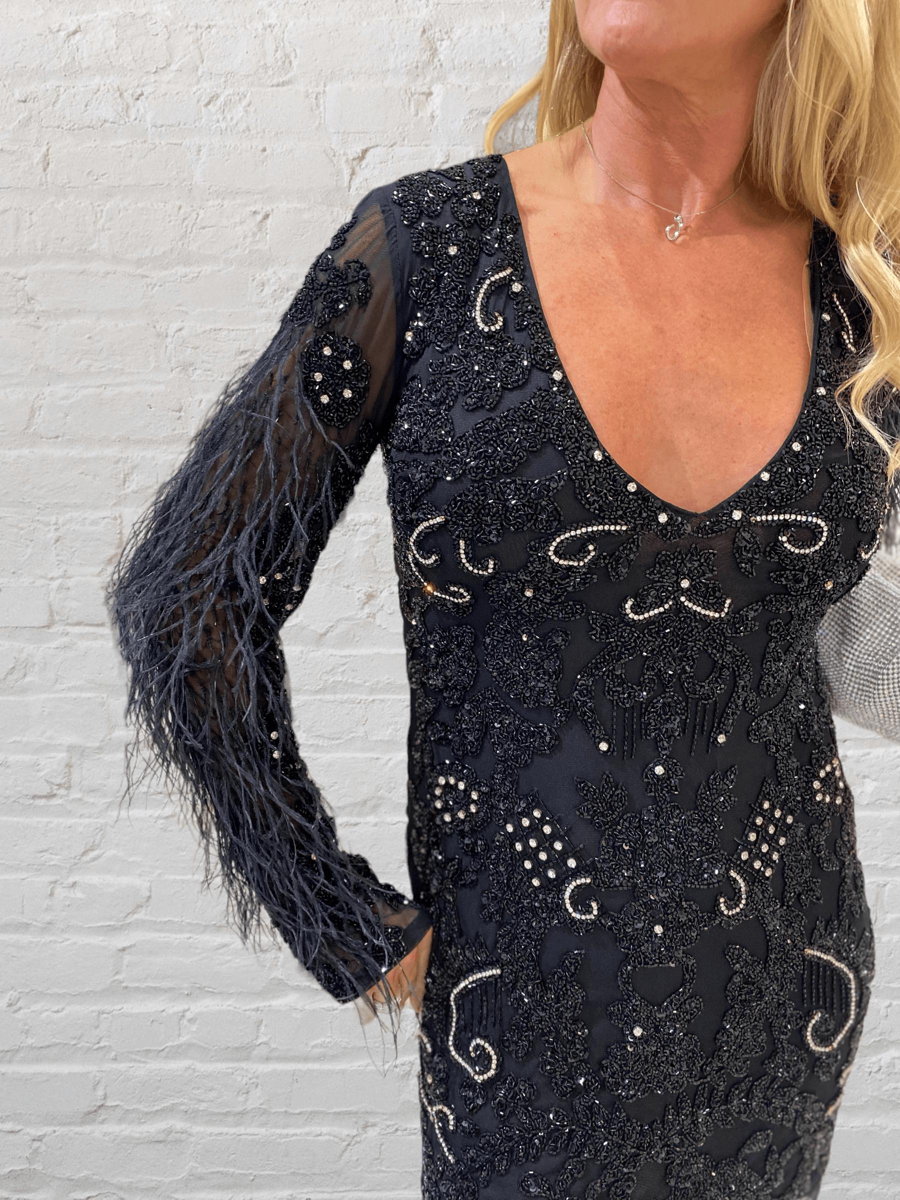 Diamond For Eden - Black Feathered Long Sleeve Sequin Dress - OutDazl