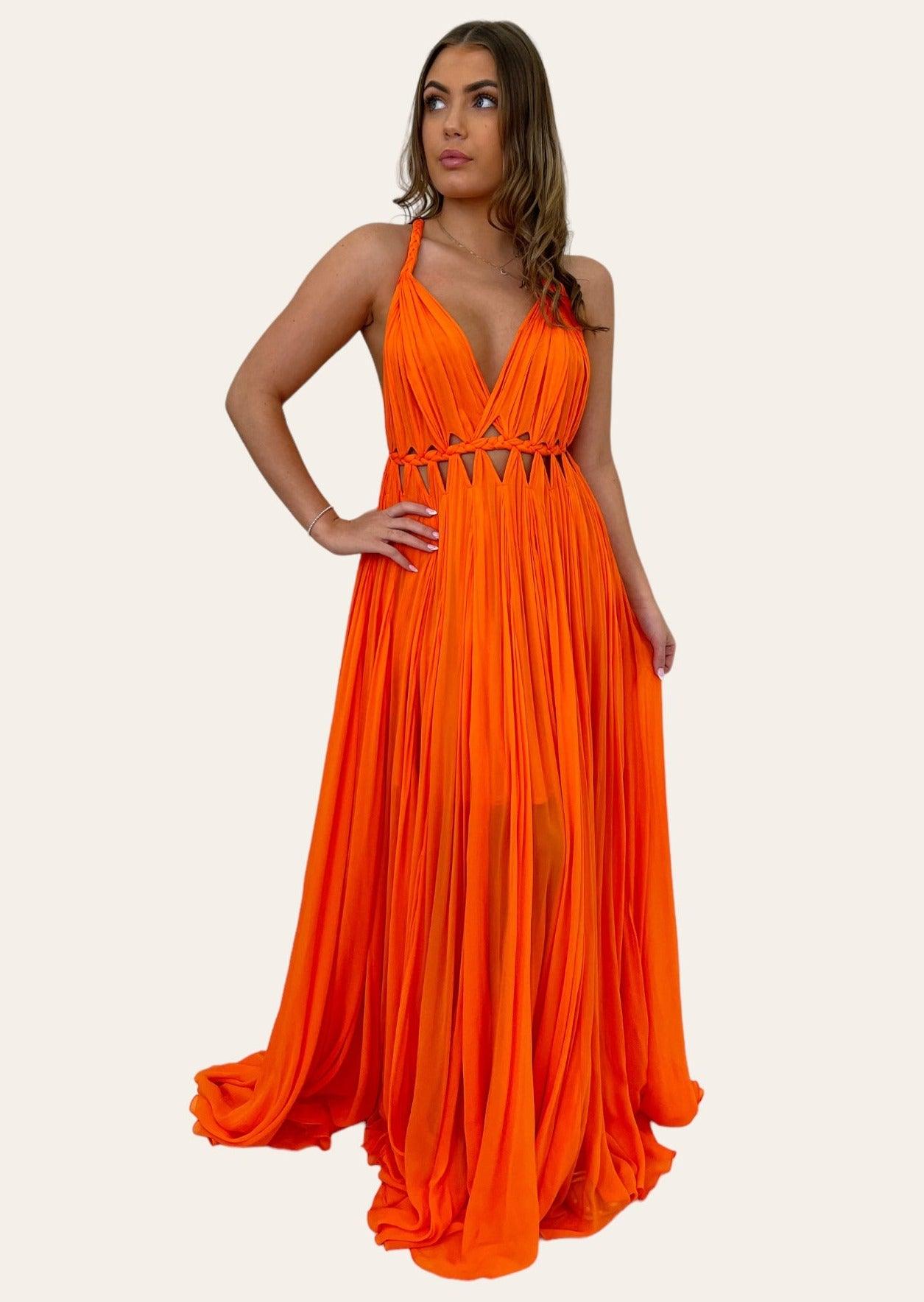 orange grecian dress Pleated Grecian Maxi Gown OutDazl