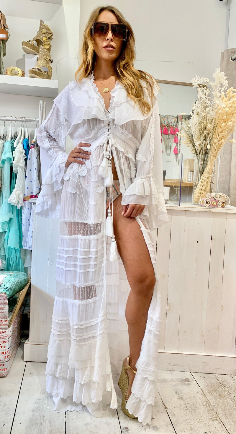 Diamond For Eden - White Embroidered Maxi Kaftan / Duster Marlyn - OutDazl