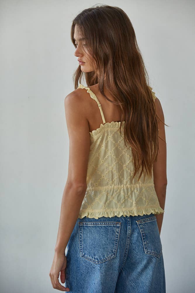Woven Cotton Eyelet Button Down Square Neck Top