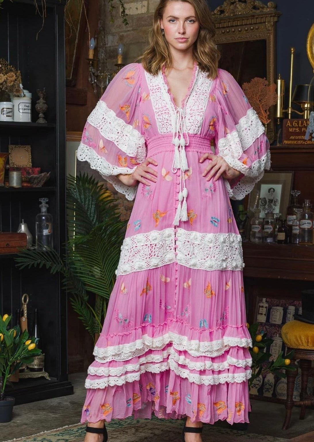 Madame Butterfly Embroidered Dress in Fuchsia – OutDazl