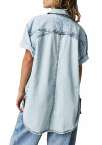 Free People - Free People Short Sleeves Denim Shirt in Light Wash - OutDazl