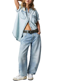 Free People - Free People Short Sleeves Denim Shirt in Light Wash - OutDazl