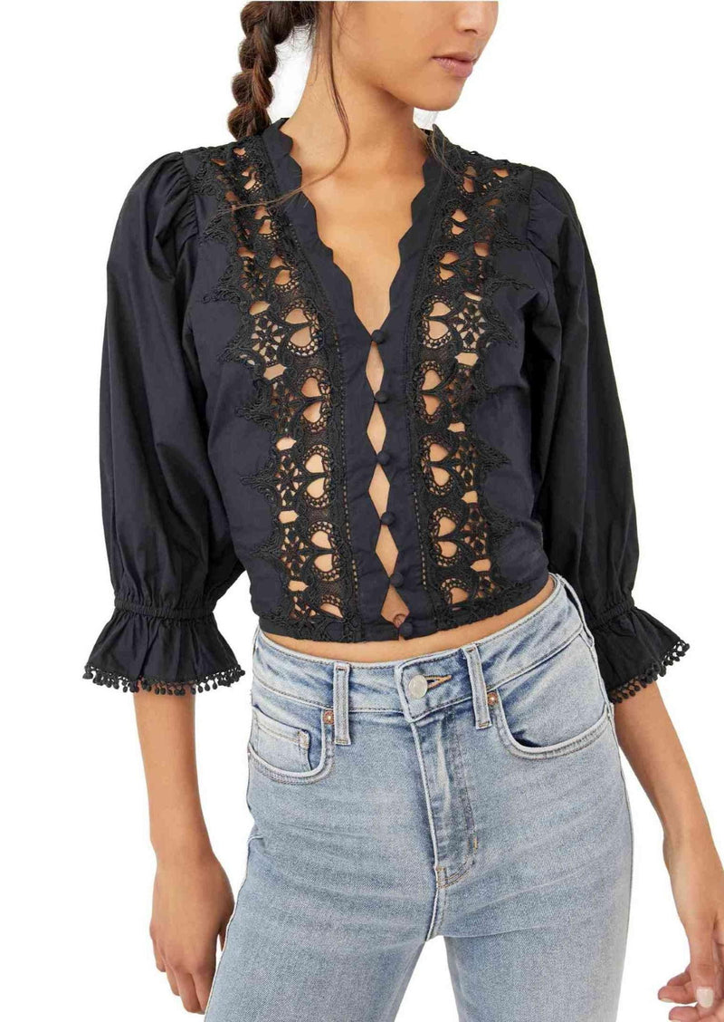 Free People - Louella Embroidered Top in Black - OutDazl