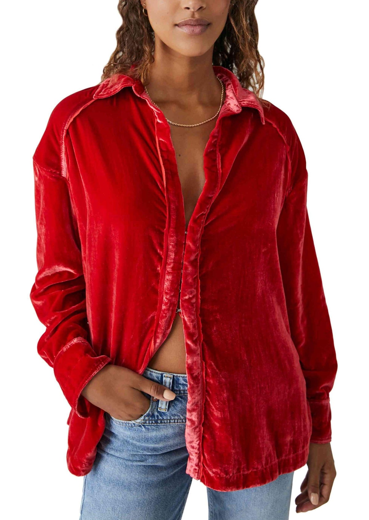 Free People - Marianne Velvet Shirt in Firery Red - OutDazl