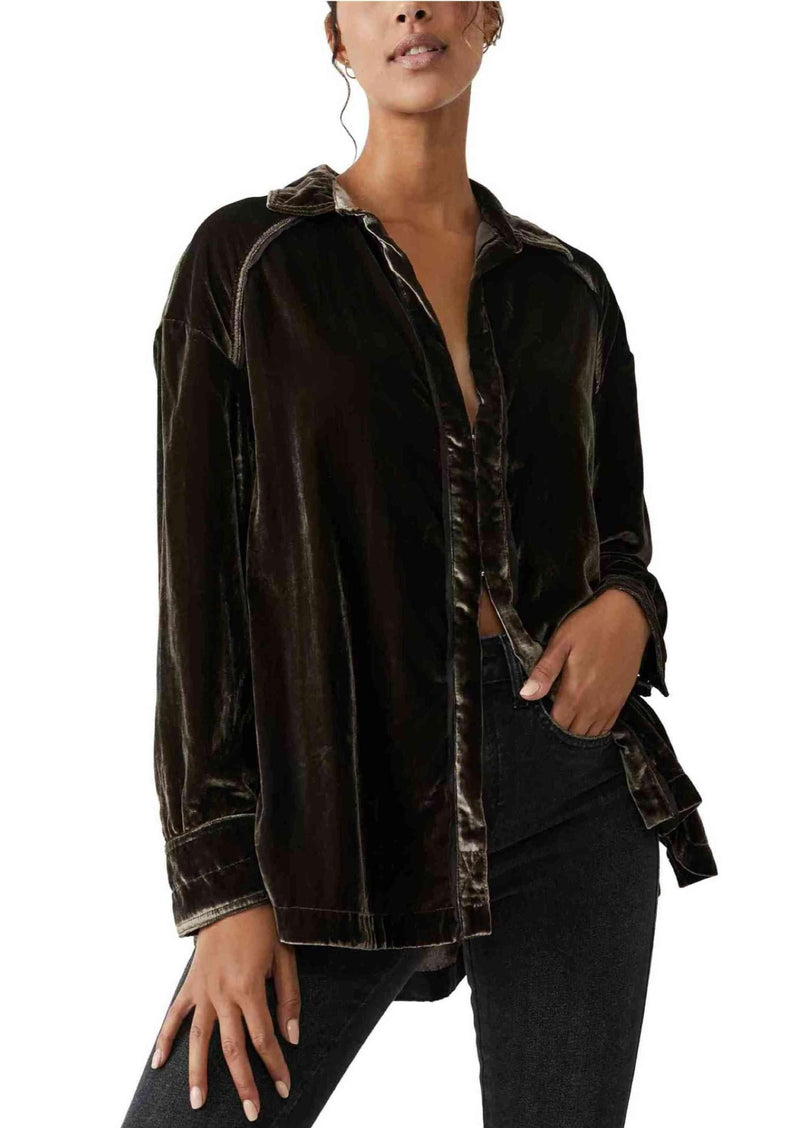 Free People - Marianne Velvet Shirt in Midnight Brown - OutDazl