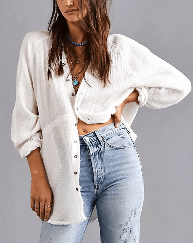 Free People Summer Daydream Long Sleeve Button Front V-Neck Raw