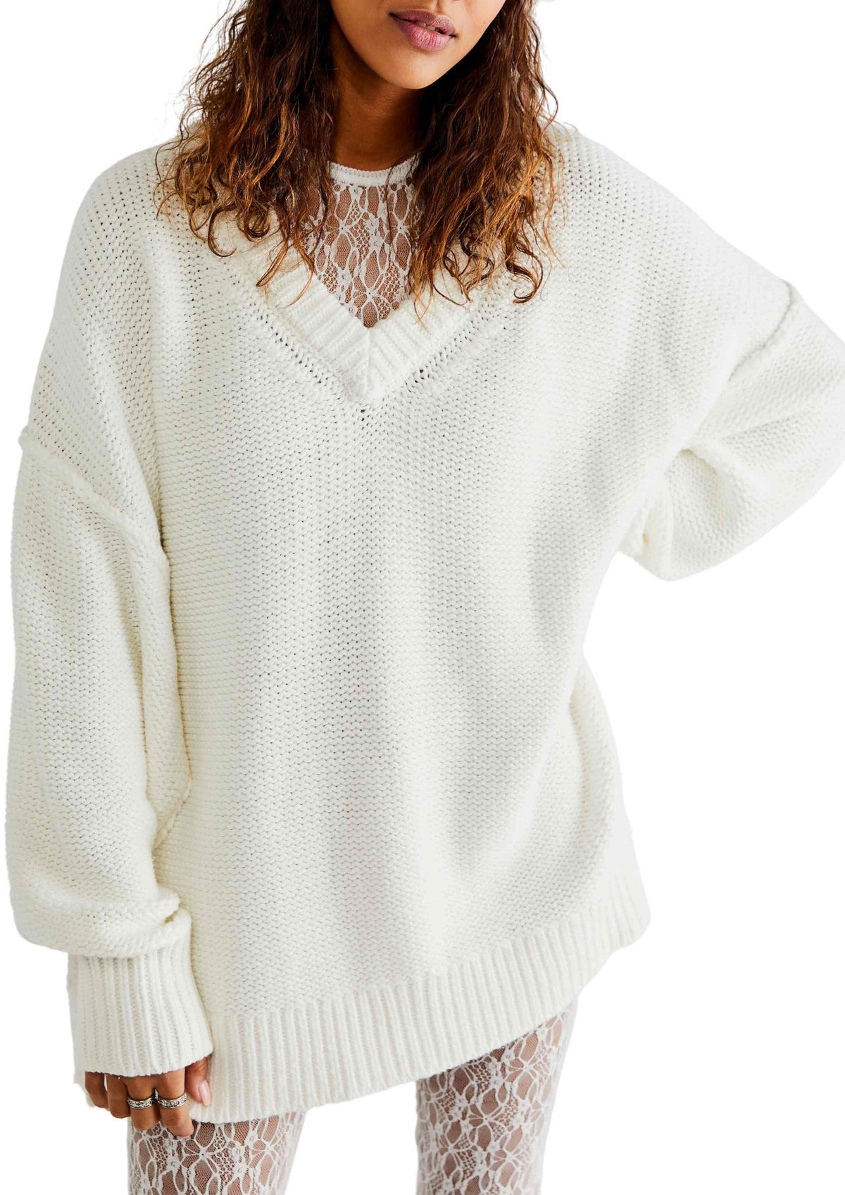Free People - V-Neck Jumper in Optic White - OutDazl