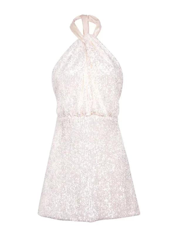 Harmur - Mini Cocktail Dress in Silver Cream Sequins - OutDazl
