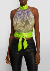 Harmur - Ombre Sequinned Halterneck Top with Neon Lime - OutDazl
