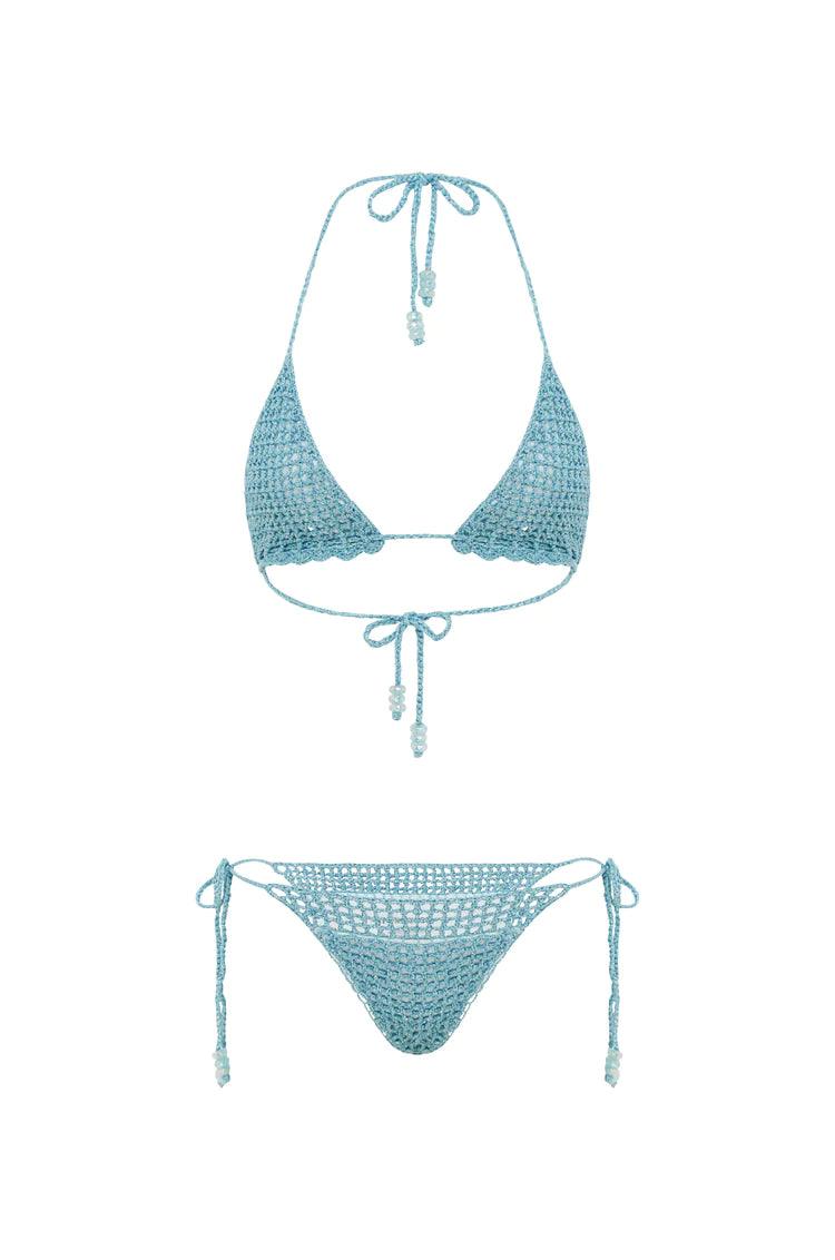 It's Now Cool - Metallic Crochet Tri Bikini Top in Mystic - OutDazl