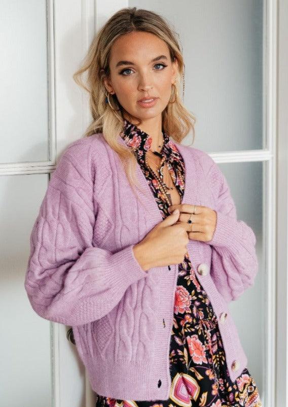 JAASE - Cable Knit Cardigan in Lavender - OutDazl